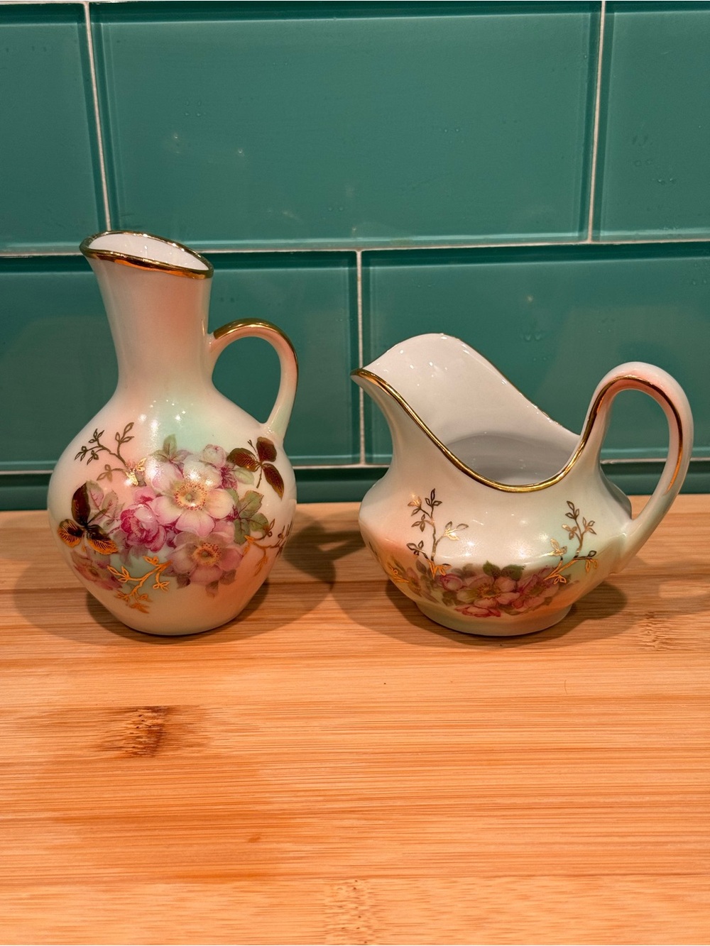 Vintage Bavaria Floral Porcelain Creamer and Pitcher Set in White with Gold Trim